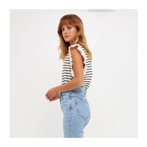 ENGLISH FACTORY BLACK AND WHITE STRIPE SHIRRED SLEEVE TOP