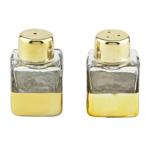 MUD PIE GOLD GLASS SALT AND PEPPER SHAKERS